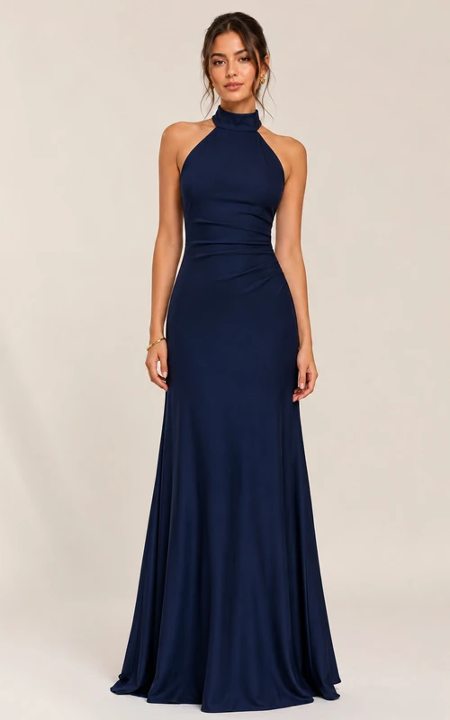 Robe de demoiselle d'honneur trapèze en mousseline de soie à col halter et plis