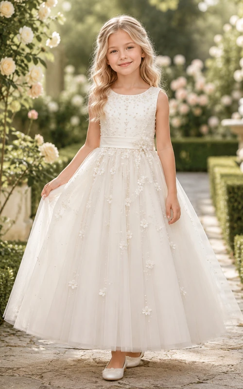 Vestido de niña de las flores, color marfil, encaje, tul, corte en A, escote redondo, largo midi, apliques florales.