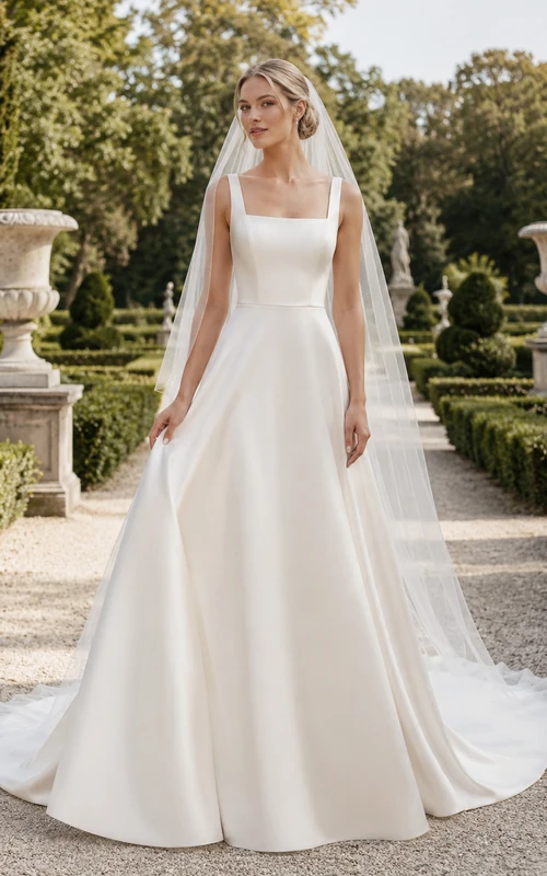Minimalist Square Neck Satin A-Line Garden Wedding Dress