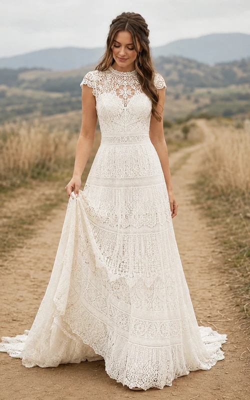 Robe de mariée champêtre en dentelle, coupe trapèze, col carré, manches courtes et traîne.