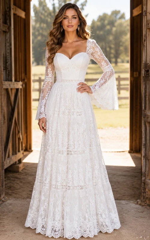 Bohemian Sweetheart Lace Long Sleeve Country Wedding Dress