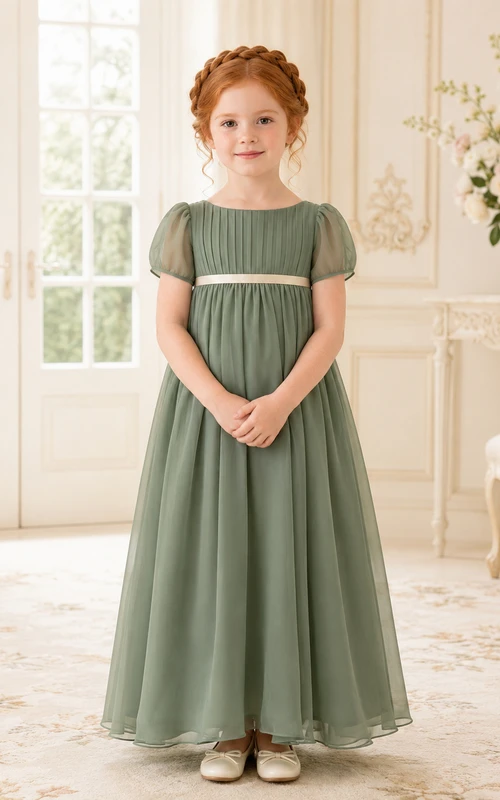 A-Line Regency Inspired Flower Girl Dress with Square Neckline, Puff Sleeves, Satin Waist, Full Tulle Skirt, Regency Garden Style