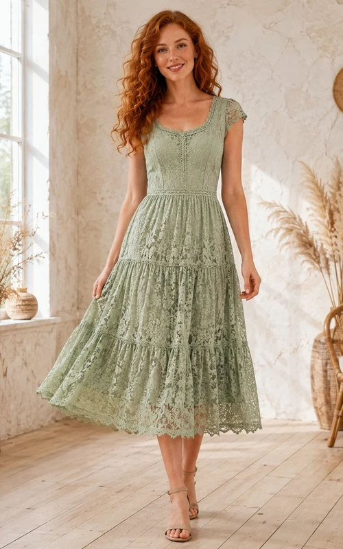 Sage Lace Square Neck Cap Sleeve A-Line Tea-length Bohemian Romantic Garden Elegant Dress