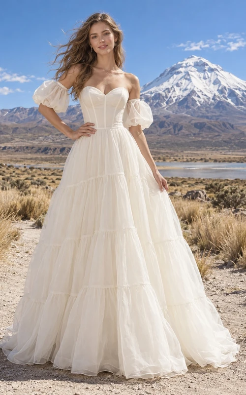 Vestido de novia bohemio de organza con corte en A, escote corazón, mangas abullonadas y falda escalonada.