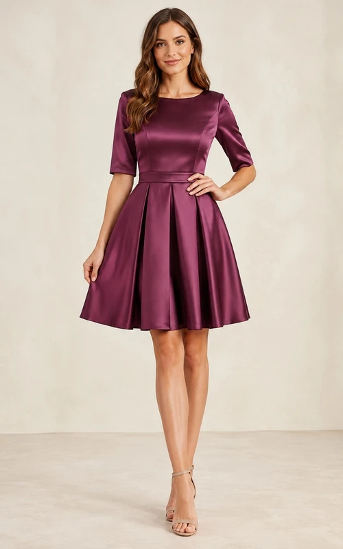 Robe de bal courte plissée en satin prune, col bateau, manches mi-longues et coupe trapèze