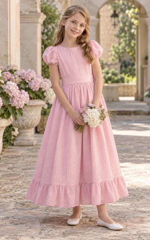 Pink Bateau Puff Sleeve Ruffle Hem Seersucker A-line Flower Girl Dress
