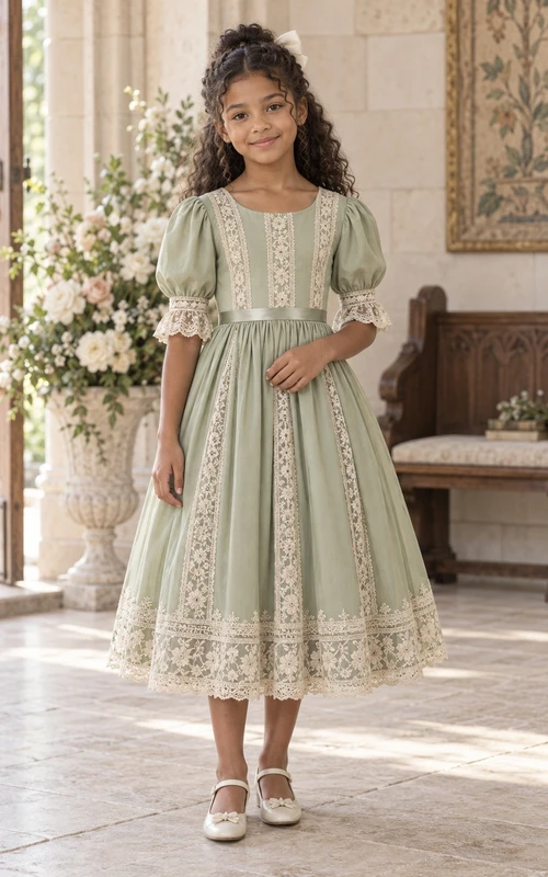 Vestido de niña de flores de corte A, color verde salvia vintage, largo hasta la rodilla, con mangas abullonadas de encaje, paneles insertados y puños de encaje.