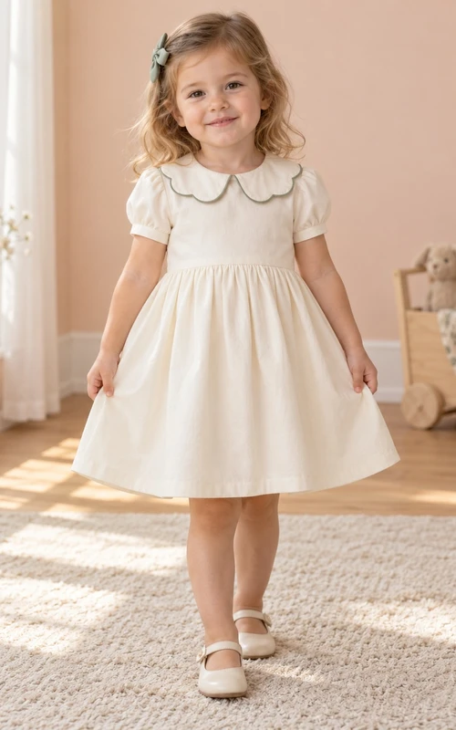 Modest Cream Knee Length Broad Scalloped Collar Small Puff Sleeve Satin Flower Girl Dress