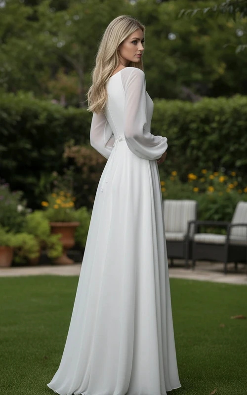 Schlichtes, langärmeliges Chiffon-Brautkleid in A-Linie mit V-Ausschnitt