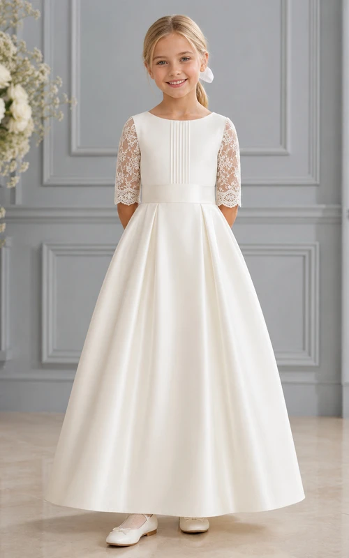 Weißes Kommunionkleid aus Satin mit eckigem Ausschnitt und Dreiviertelärmeln aus Spitze