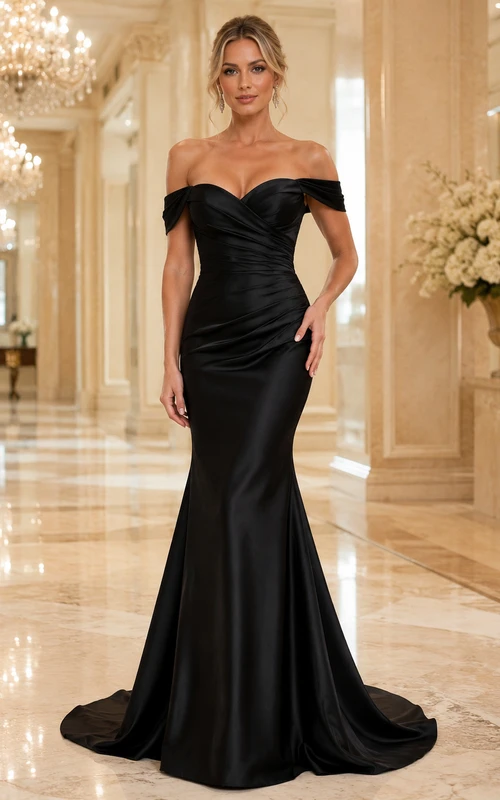 Black Off Shoulder Ruched Mermaid Formal Evening Dress