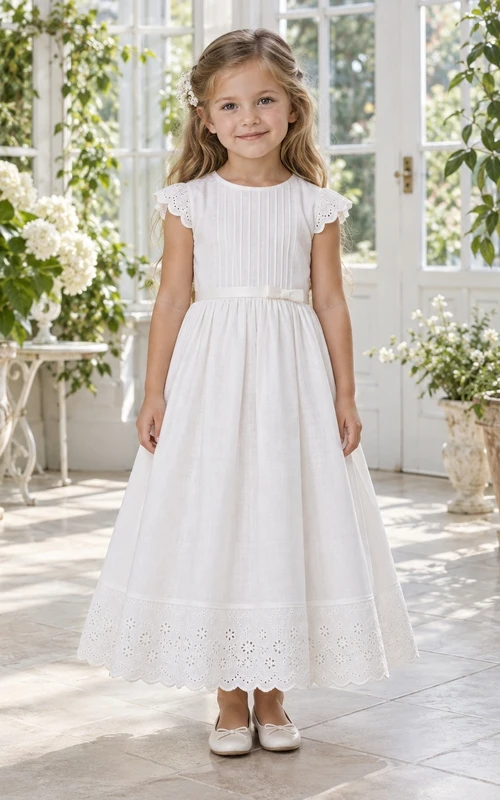 Vintage Country White Cap Sleeve Pintucked Lace Trim Linen Flower Girl Dress