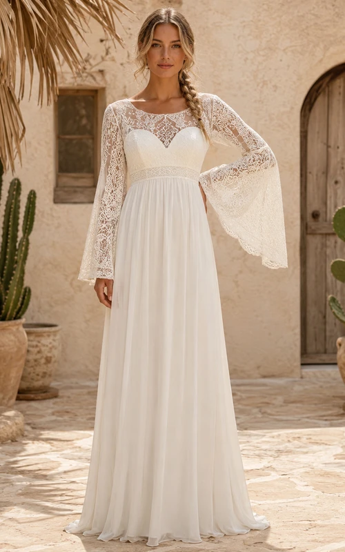 High Neck Bell Sleeve Desert Bohemian Chiffon Gown