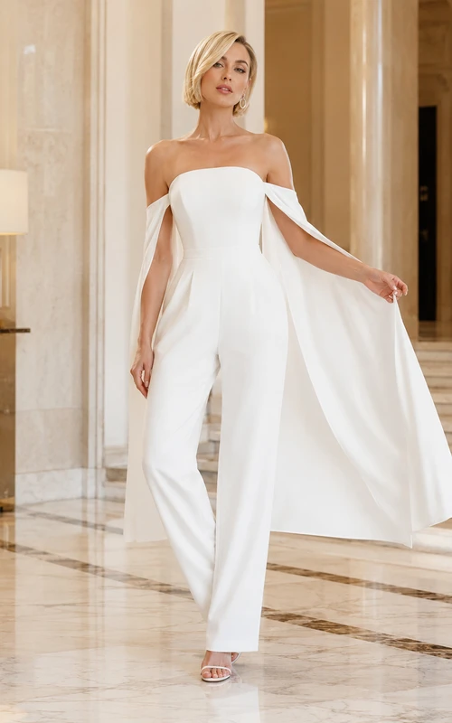 Mono largo sin tirantes con capa, de satén elástico, sin mangas, para recepción de boda.