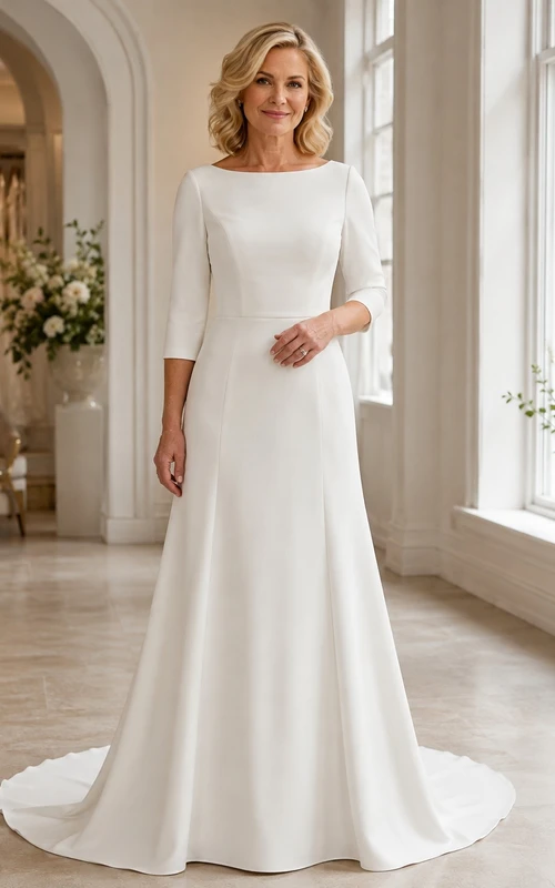 Vestido de novia de satén con mangas tres cuartos, corte en A y cola larga.