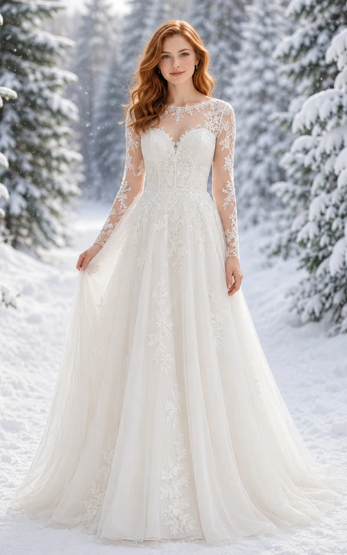 Winterhochzeitskleid mit hohem Kragen, Spitze, langen Ärmeln und A-Linie