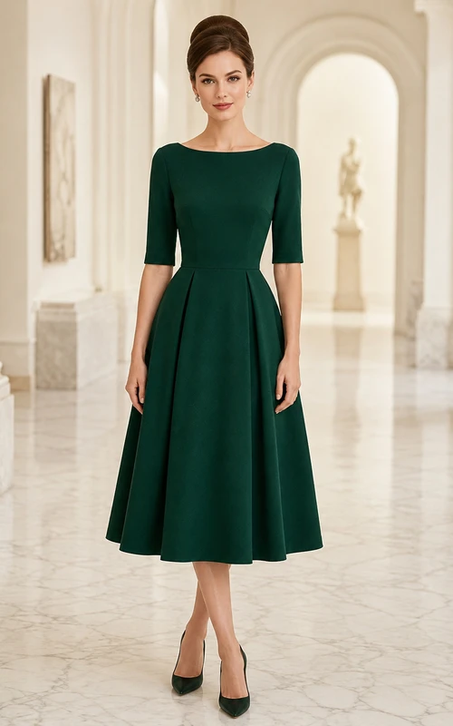 Vestido de cóctel de jersey de manga corta estilo barco vintage, corte en A, largo hasta la rodilla, color verde oscuro, modesto.