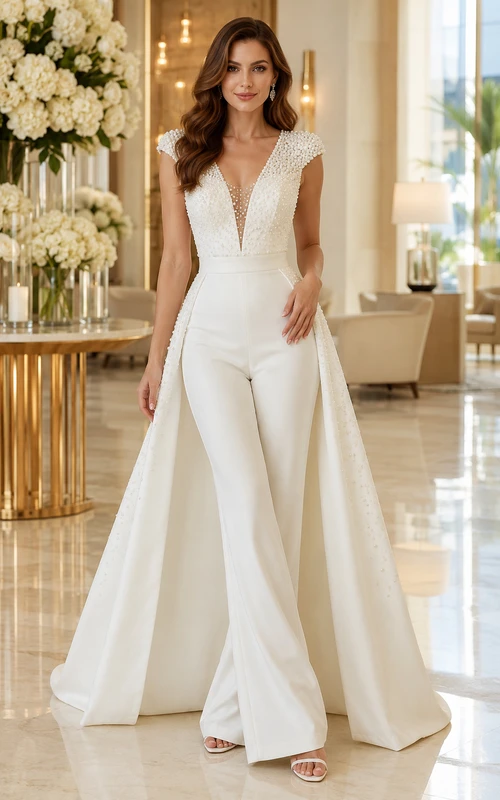 Combinaison de mariée ivoire à col en V avec surjupe en satin et traîne