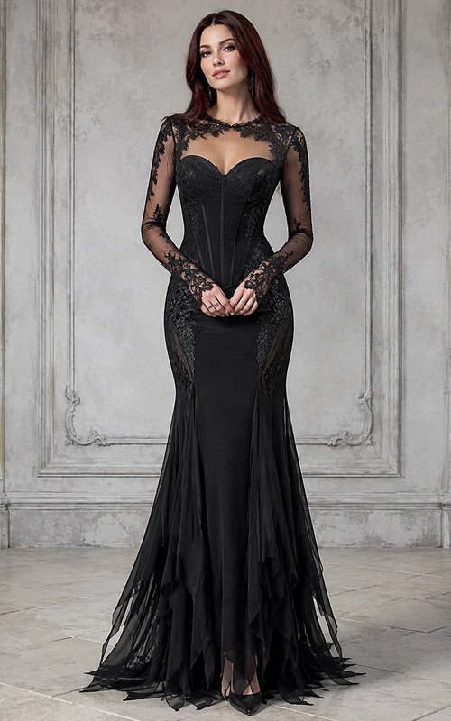 Vintage Black Illusion Long Sleeve Lace Mermaid Sweep Train Gothic Evening Gown
