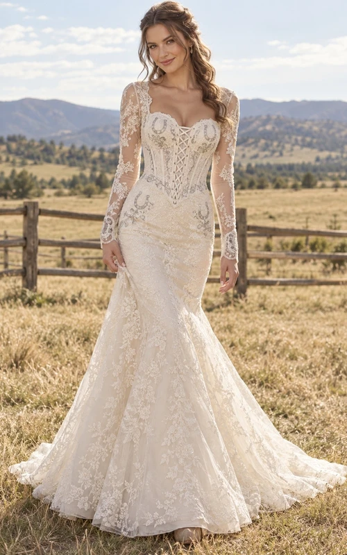 Western Country Long Sleeve Mermaid Lace Wedding Dress with Sweetheart Corset and Horseshoe Embroidery