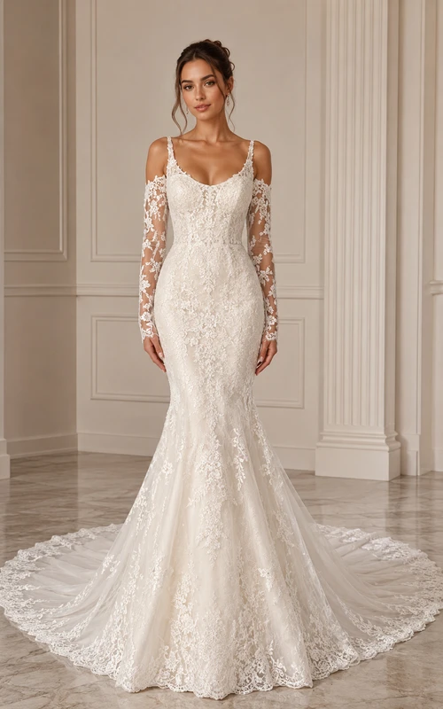 Robe de mariée sirène/trompette en dentelle ivoire à décolleté cœur et dentelle