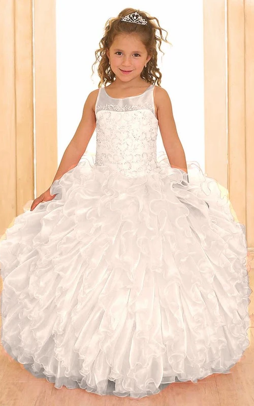 Vestido largo de niña de flores con volantes, capas, cuentas, encaje y lentejuelas con efecto ilusión.