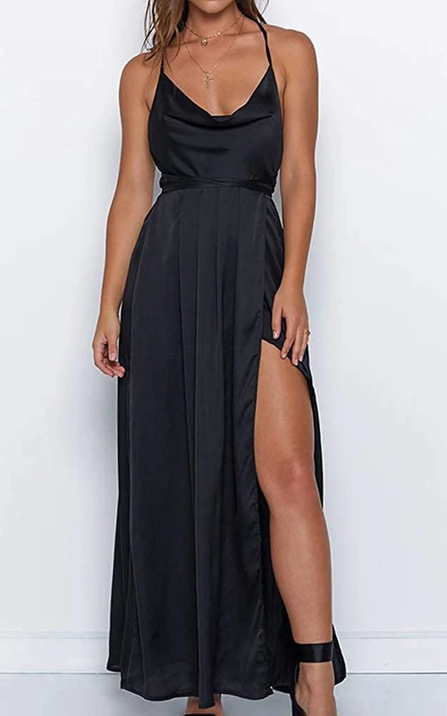 Modernes Satin-Gästekleid in A-Linie mit V-Ausschnitt, Rüschen und Schlitz vorne