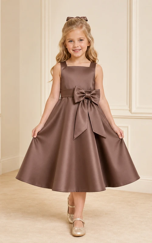 Schlichtes A-Linien-Kleid aus Satin mit Schleife, Rundhalsausschnitt, wadenlangem Rock und Schleifendetail.