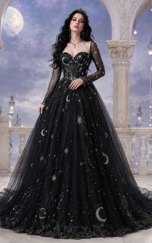 Vestido de novia negro romántico de manga larga con escote corazón y apliques de tul.