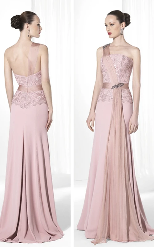 Vestido de fiesta ajustado, largo hasta el suelo, sin mangas, con apliques y un solo hombro, de jersey.