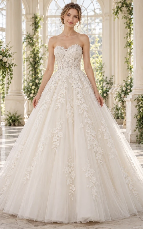 Robe de mariée bustier en tulle avec application florale et décolleté cœur