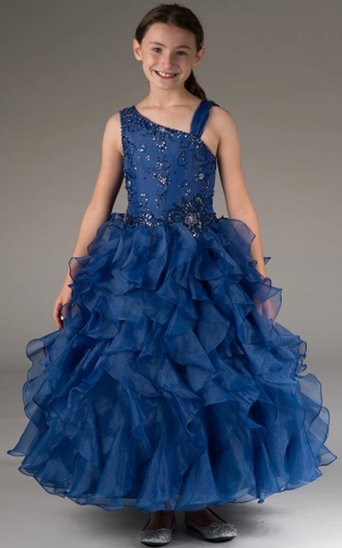 Robe de bal asymétrique à bretelles et à volants en organza ornée de cristaux pour demoiselle d'honneur