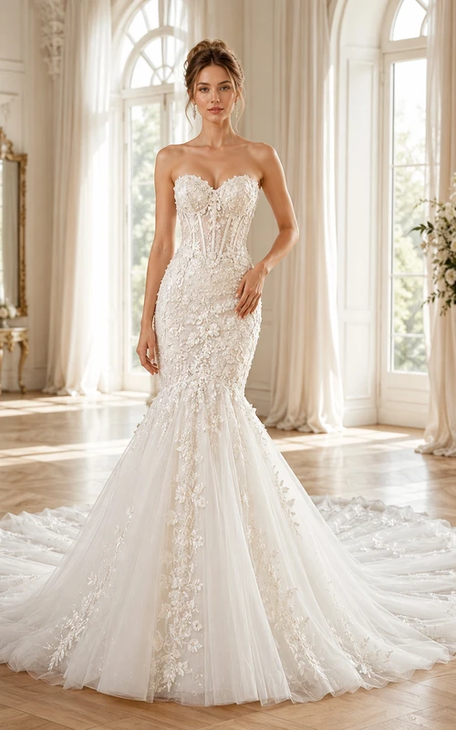 Trägerloses Brautkleid mit Herzausschnitt, Perlenstickerei, Meerjungfrauen-Stil, Reißverschluss und Kapellenschleppe