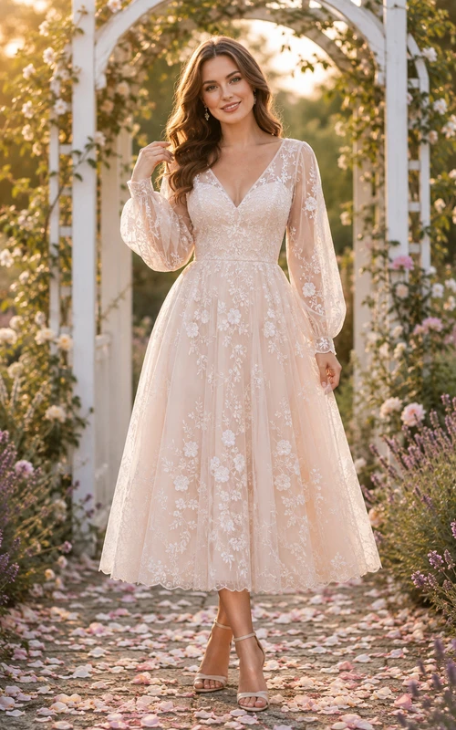 Blush Vintage Lace Long Sleeve Tea Length Garden Wedding Dress