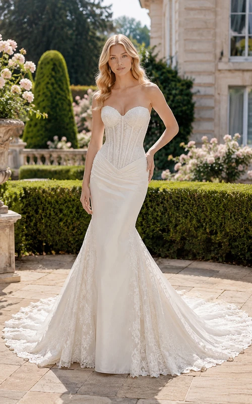 Brautkleid aus Spitze und Tüll im Meerjungfrauenstil, trägerlos, mit Herzausschnitt und Schleppe