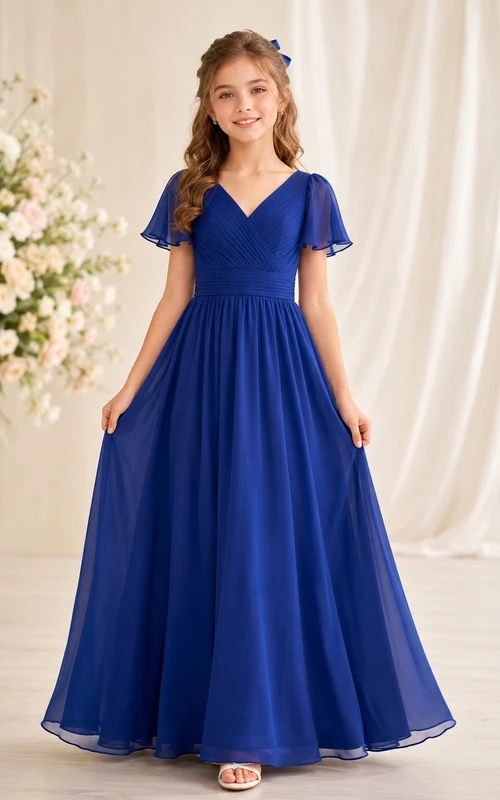 Vestido de dama de honor juvenil azul rey, corte en A, largo hasta el suelo, escote en V, manga corta, detalle de volantes, estilo romántico.