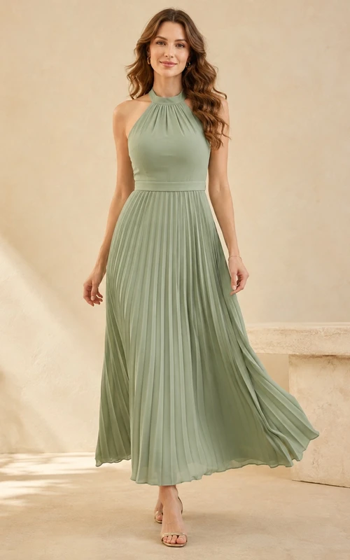 Sage Green Halter Sleeveless Pleated Chiffon Midi Dress