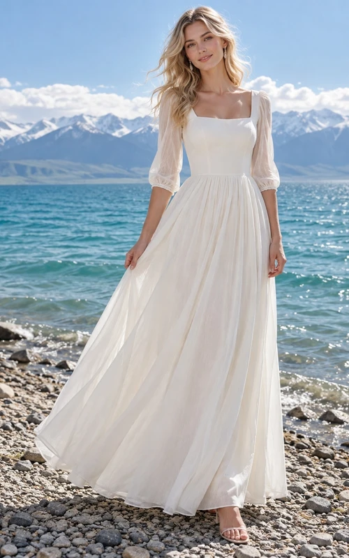 Vestido de novia sencillo de corte A con escote cuadrado y mangas tres cuartos