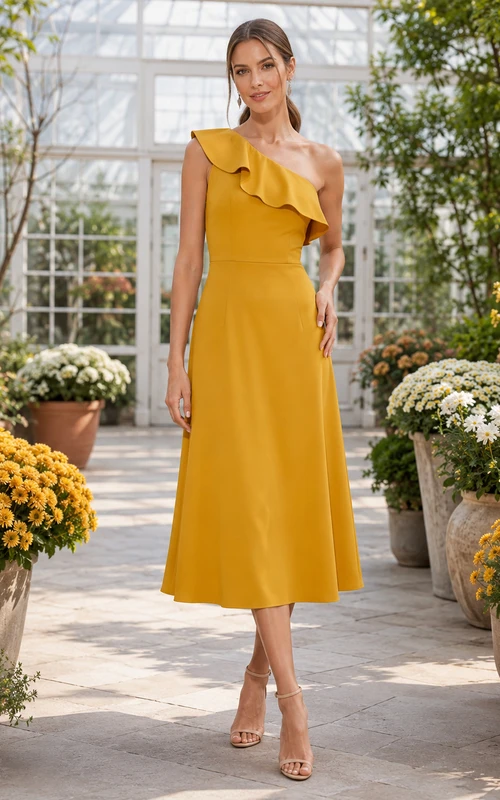 Gold One Shoulder Ruffle Satin A Line Midi Guest Dress