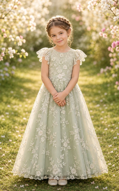 Robe de demoiselle d'honneur en dentelle sauge et tulle, coupe trapèze, col rond, longueur thé