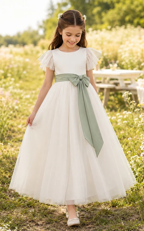 Tüllkleid in A-Linie mit Spitzenoberteil, kurzen Ärmeln, Rundhalsausschnitt, wadenlangem Rock und Schleifendetail