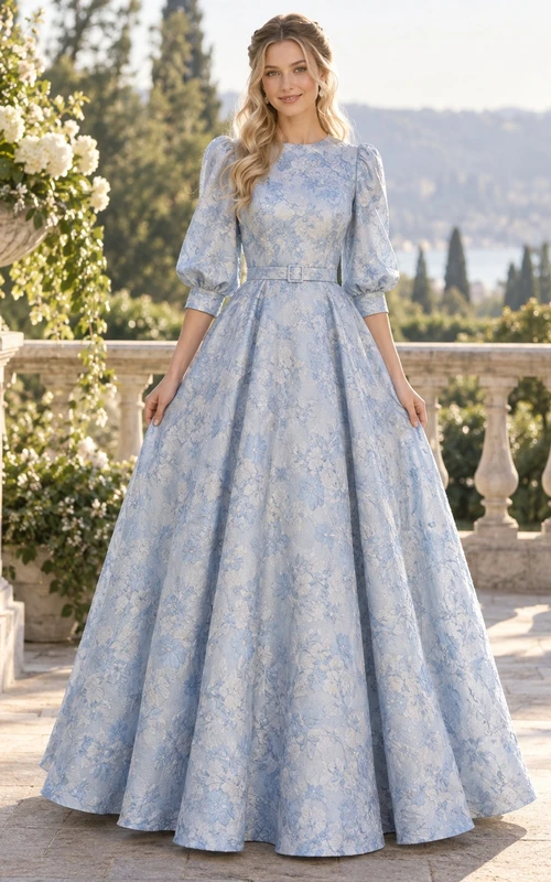Robe de soirée vintage en brocart bleu ciel à col rond et manches bouffantes