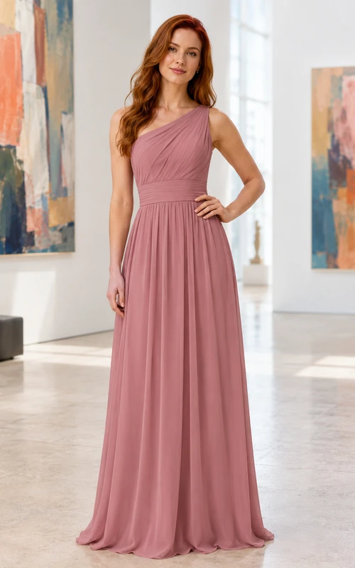Gallery Formal Dusty Rose Simple Elegant A-Line Chiffon Bridesmaid Dress with One-Shoulder Sleeveless Floor-Length Pleated Open Back