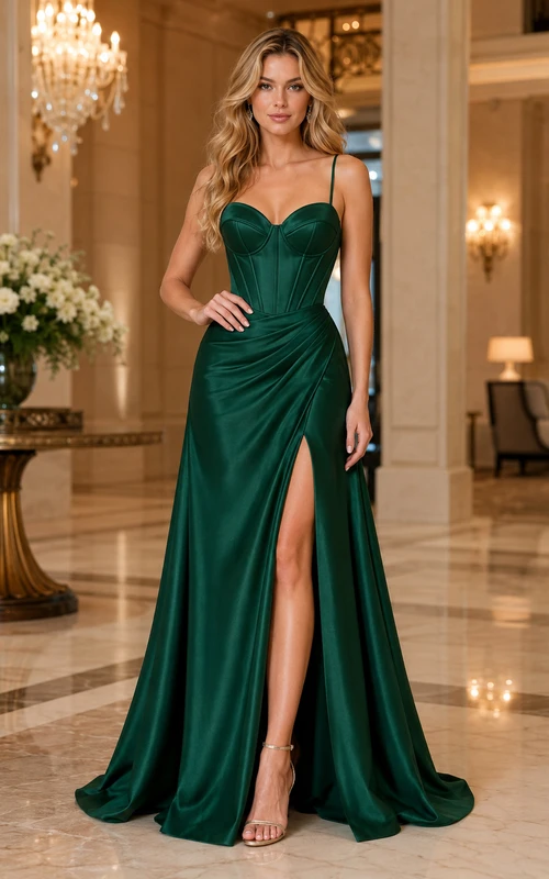 Robe de soirée sirène en satin vert foncé, bretelles spaghetti et traîne fendue