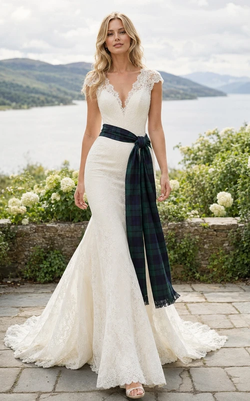 Schottisches, ärmelloses Meerjungfrauen-Hochzeitskleid mit V-Ausschnitt, Spitze und Tartan-Schärpe