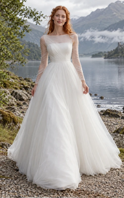 Vestido de novia de gala de tul de manga larga con escote barco y espalda con abertura.