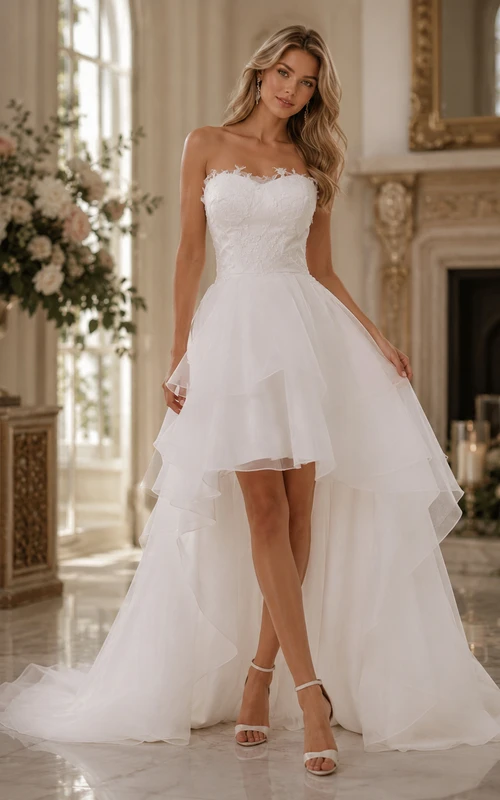 Sweetheart Lace-Up Back High-Low Chiffon Wedding Dress With Ruffles And Tiers