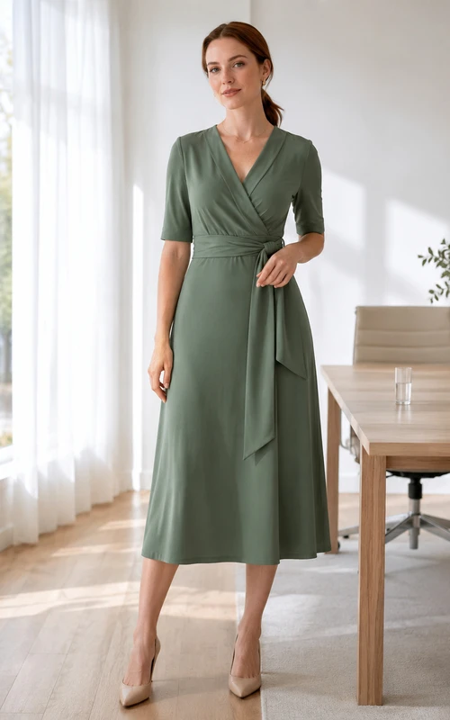Muted green half sleeve V-neck wrap A-line office dress