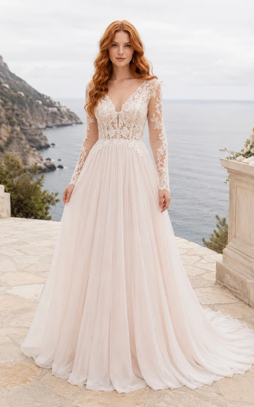 Long Sleeve Lace Bodice A-Line Wedding Dress