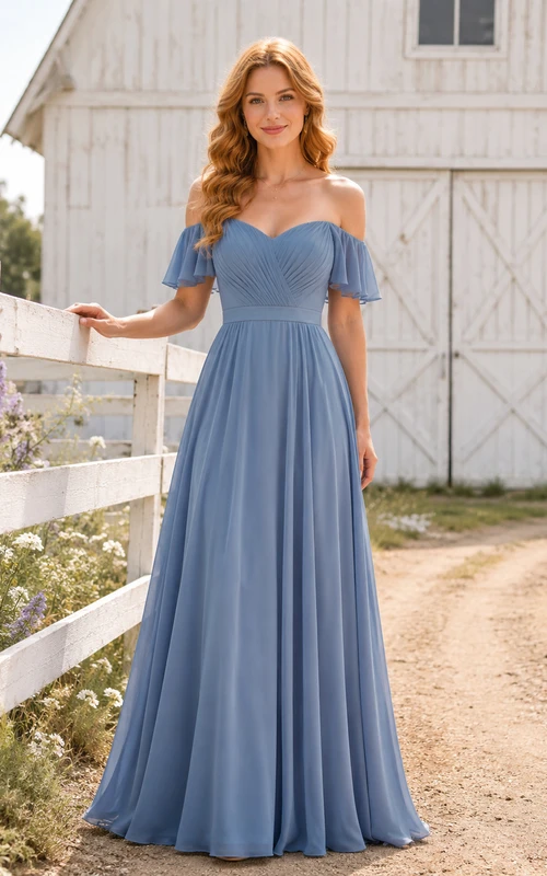 Steel Blue Chiffon A-Line Off-Shoulder Sweetheart Short Sleeve Pleated Zip Back Floor-Length Bridesmaid Dress